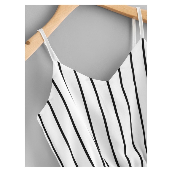 White Black Striped Back Tie Cami Crop Top - Picture 2 of 4